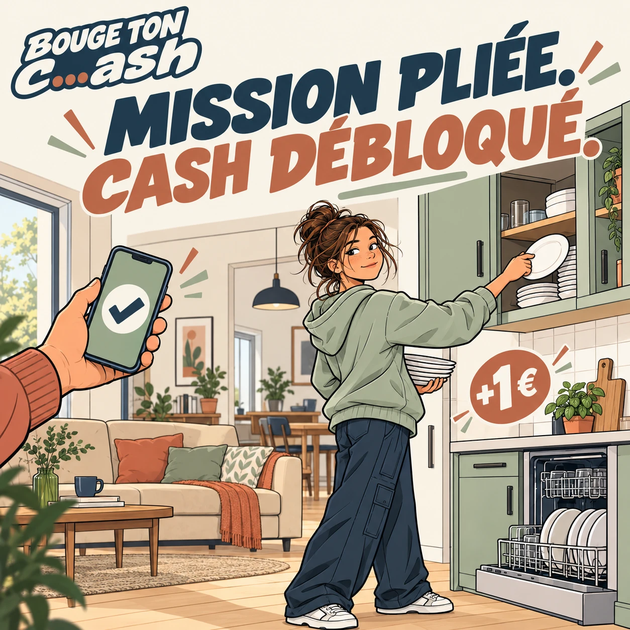 Une ado range la vaisselle ; un parent valide la mission sur son téléphone : +1 €.