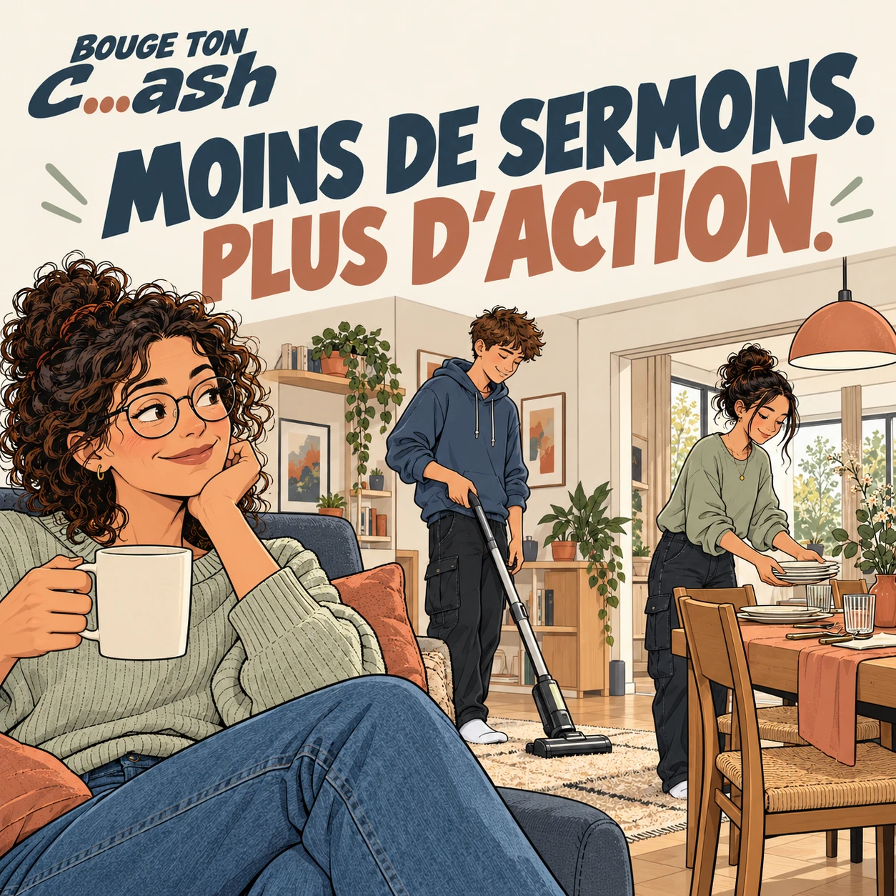 Une mère prend un café pendant que ses deux ados passent l’aspirateur et mettent la table.